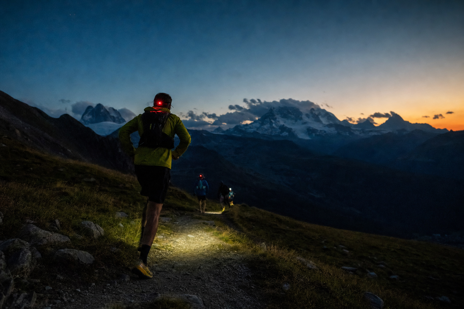 Un traileur progresse au crépuscule sur un sentier alpin avec une frontale diffusant une lumière rouge vers l’avant.