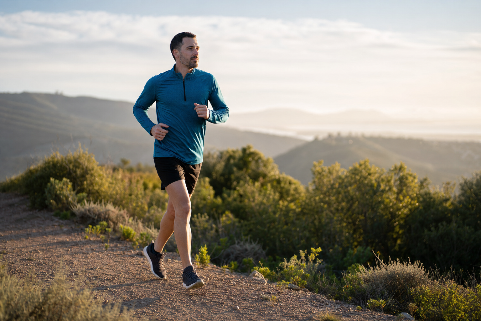 Coureur évoluant sur un sentier naturel dans une scène réaliste de running et trail.