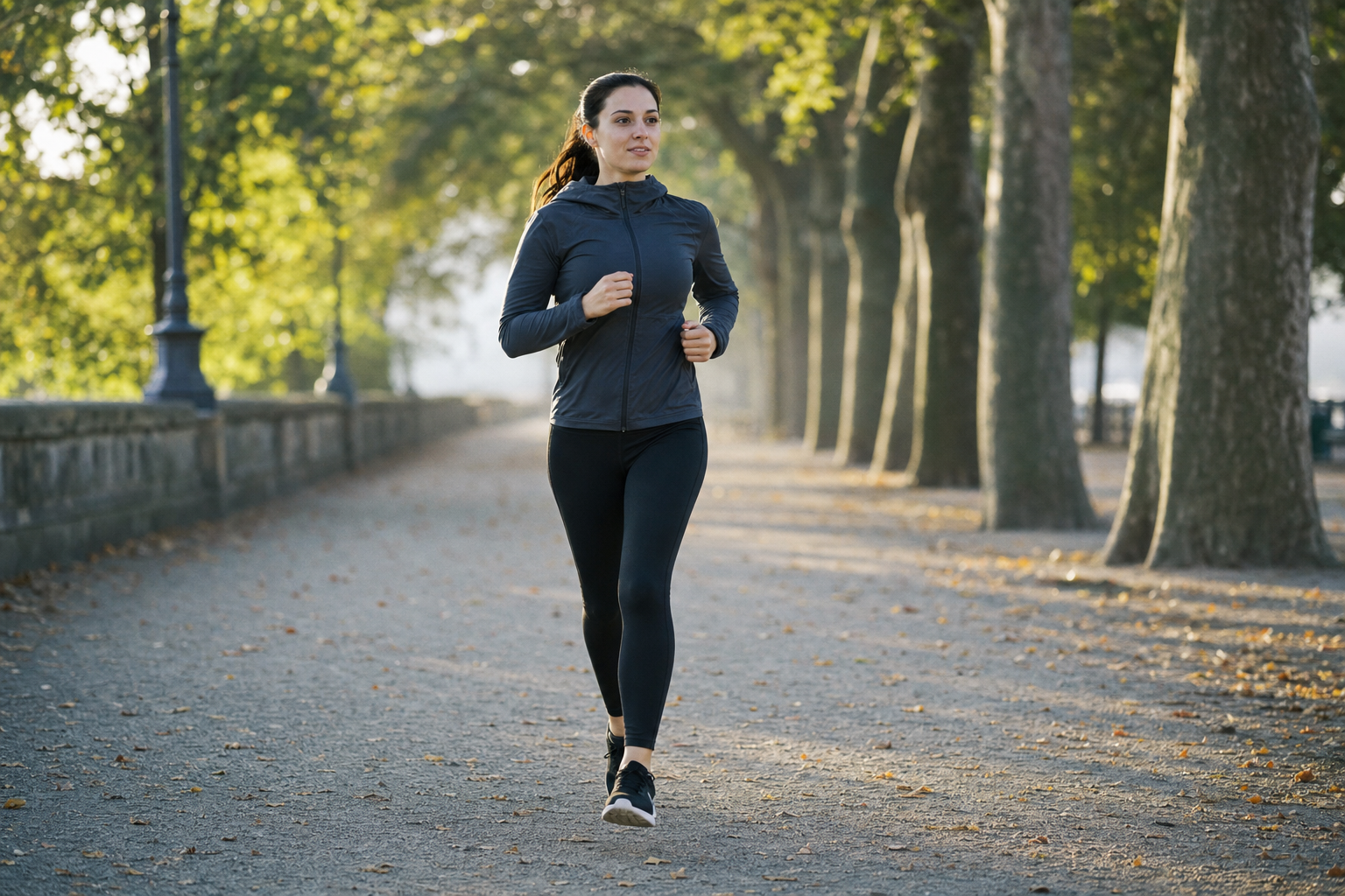 Coureuse reprenant progressivement le running dans un parc après un accouchement