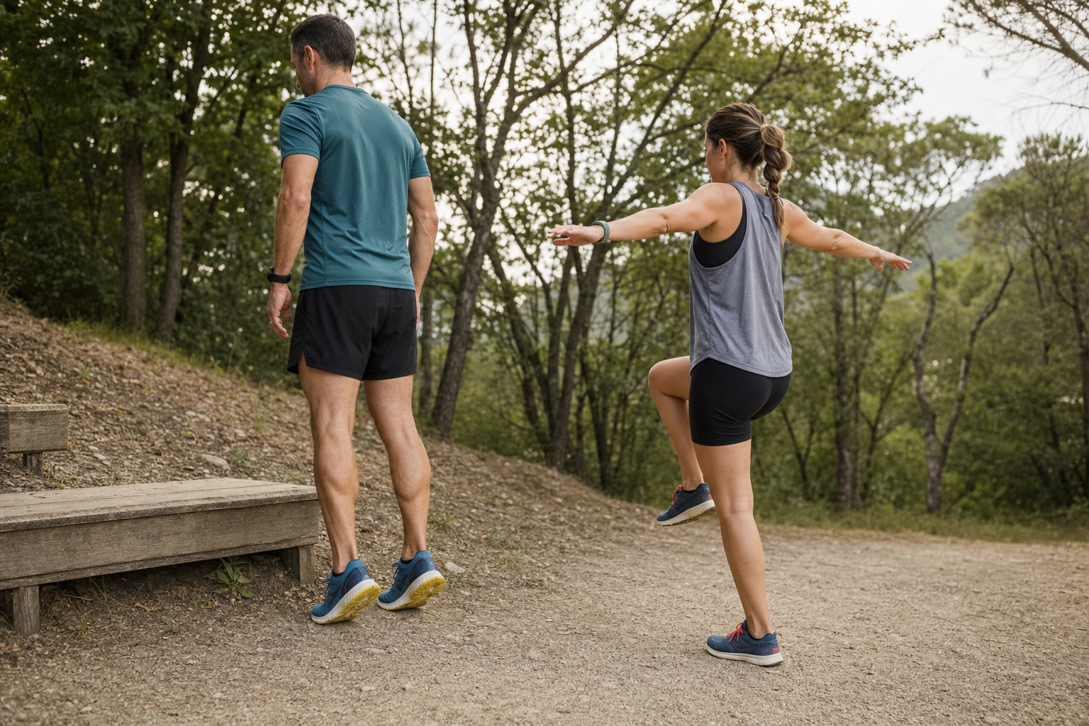 Deux coureurs réalisent une courte routine de renforcement et d’équilibre après un footing sur un chemin forestier.
