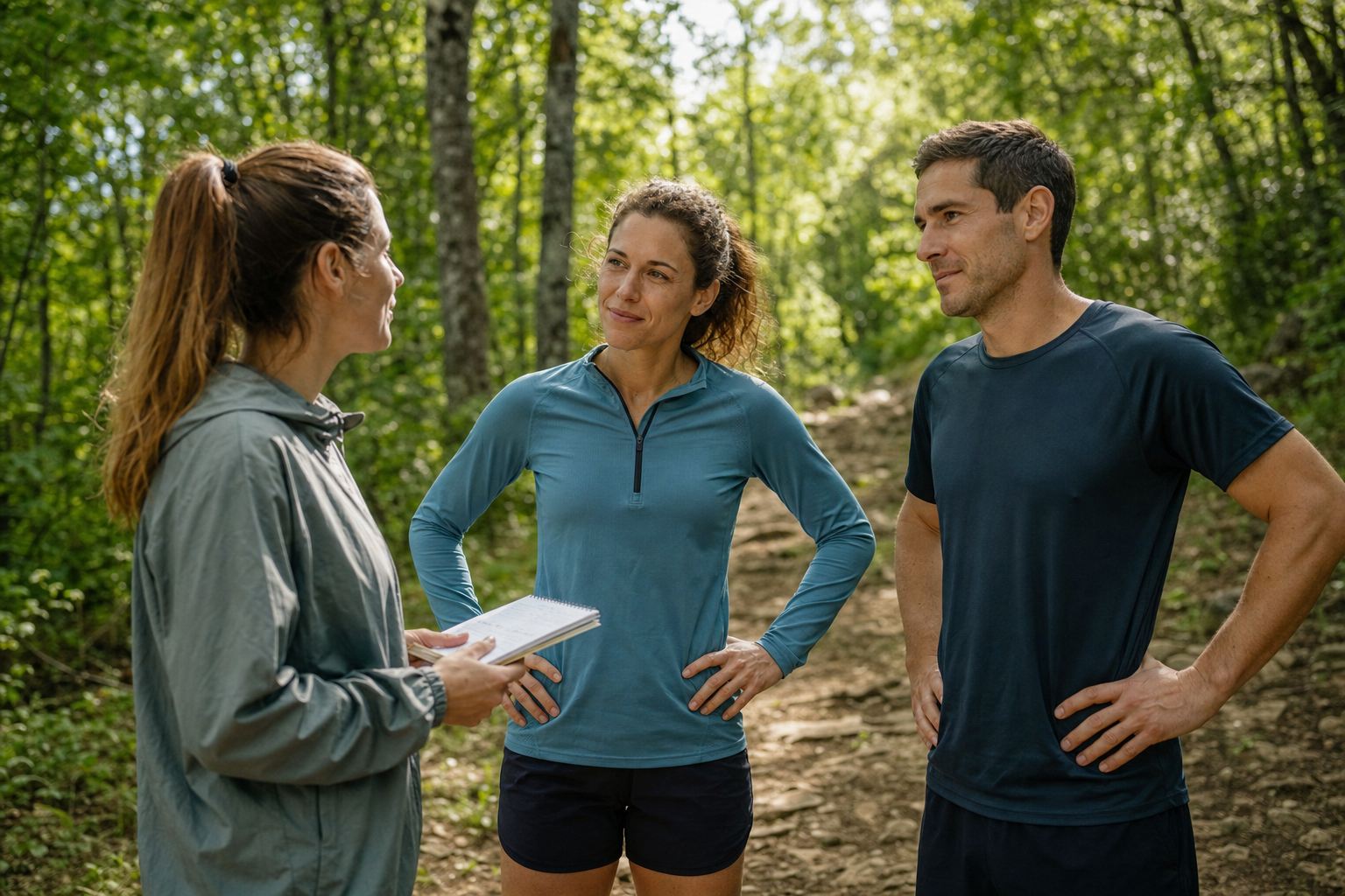Deux coureurs de trail échangent avec une entraîneuse sur un chemin forestier avant leur séance.