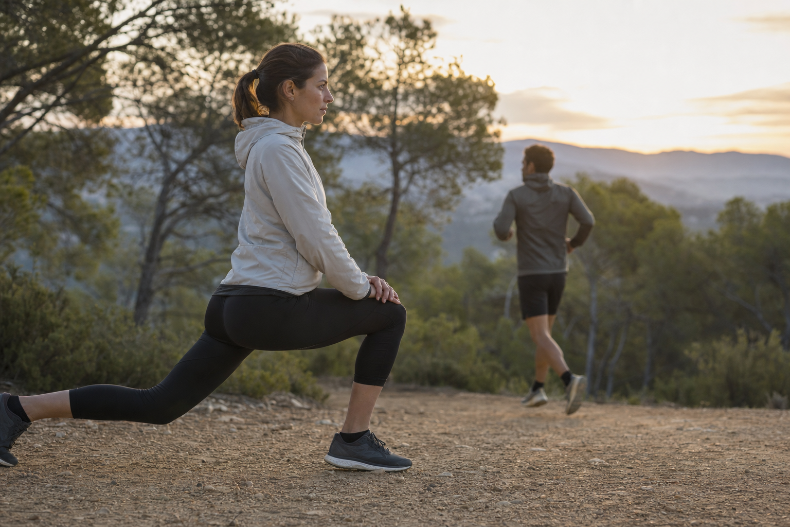 Deux coureurs s’échauffent progressivement avant une sortie trail, avec une fente contrôlée au premier plan.