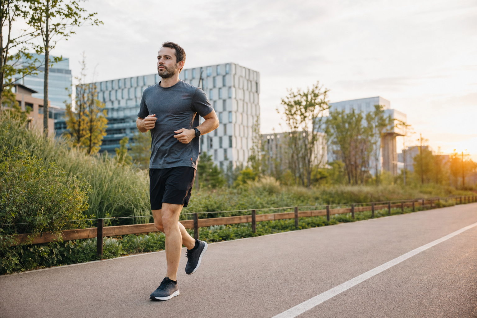 Un coureur reprend tranquillement par un footing facile sur terrain plat après un semi-marathon.