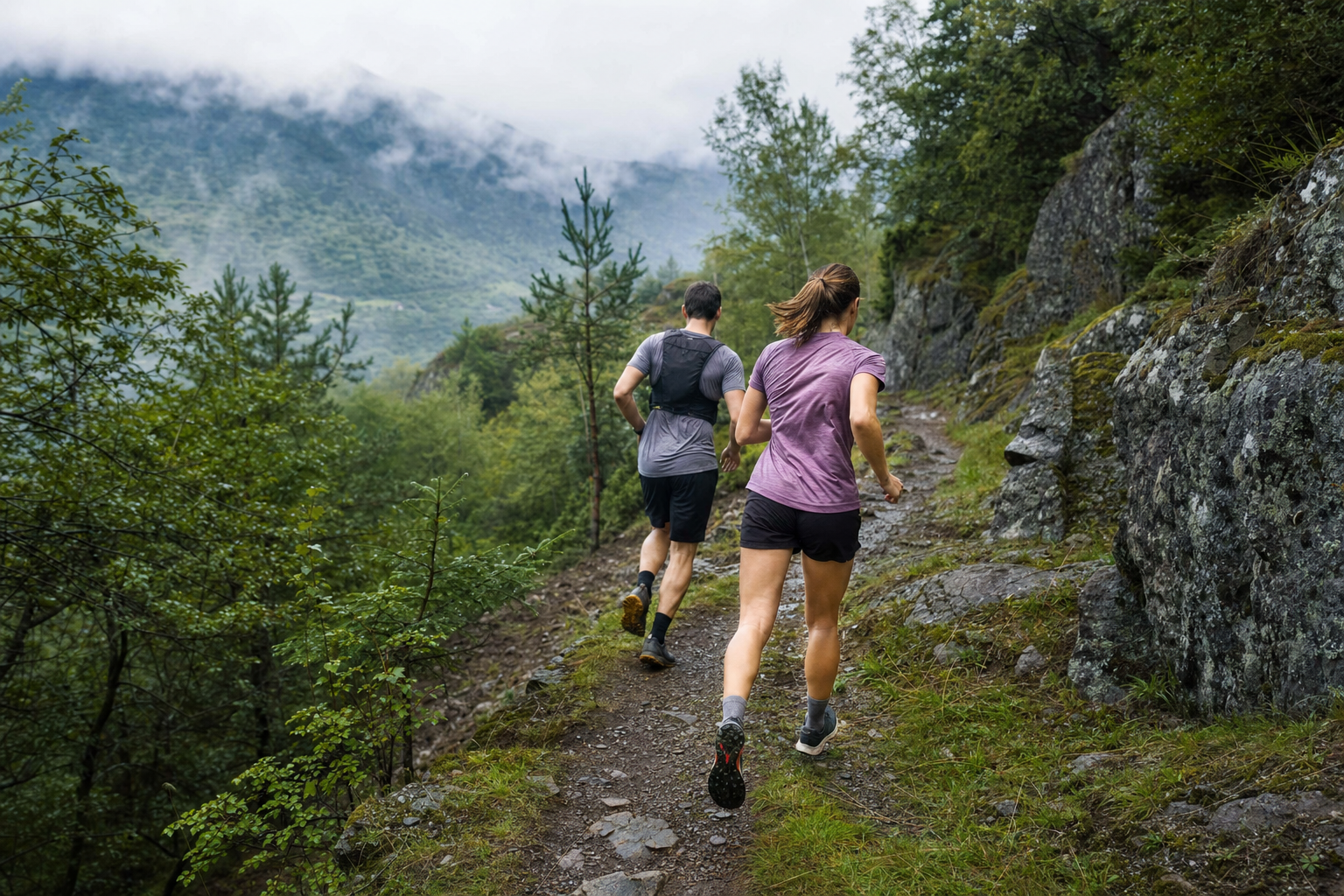 Deux coureurs progressent sur un sentier de trail alternant pierres, sous-bois humide et chemin roulant.
