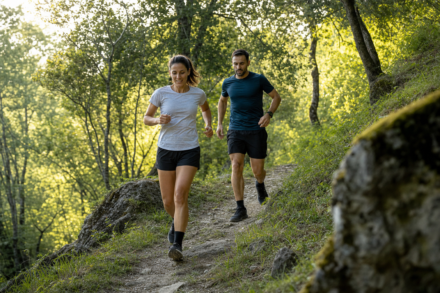 Deux coureurs découvrent progressivement un sentier forestier légèrement vallonné.