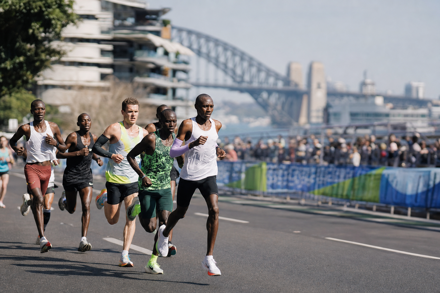 Un groupe compact de marathoniens court sur une avenue urbaine près du port de Sydney.