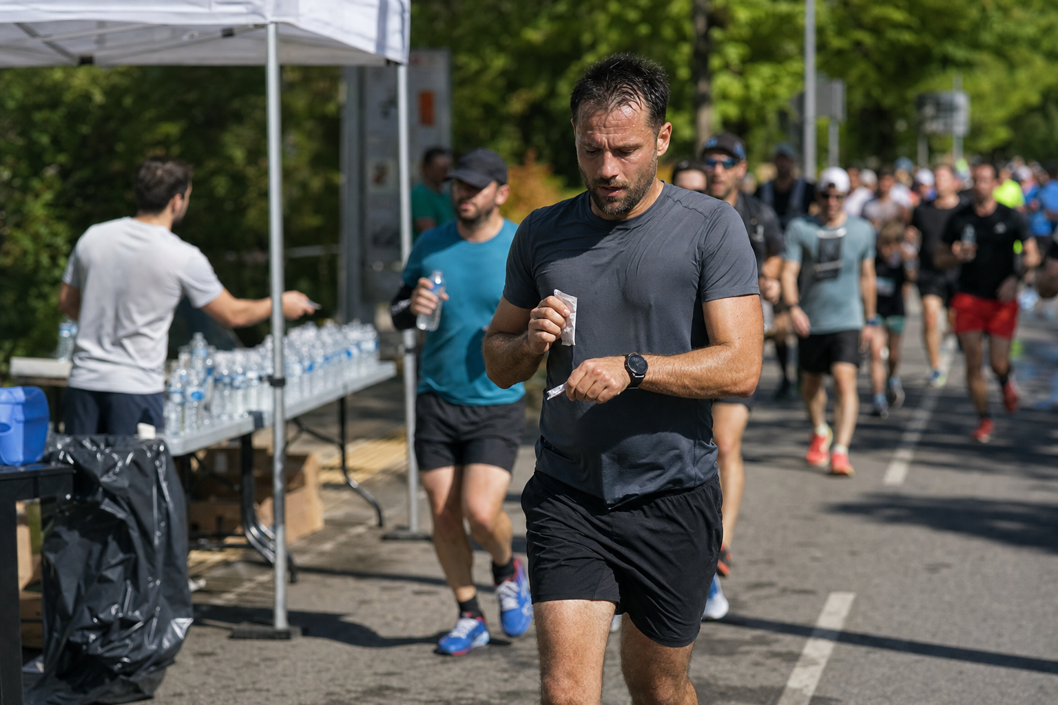 Marathonien amateur courant près d’un ravitaillement avec un sachet de nutrition neutre sans marque.