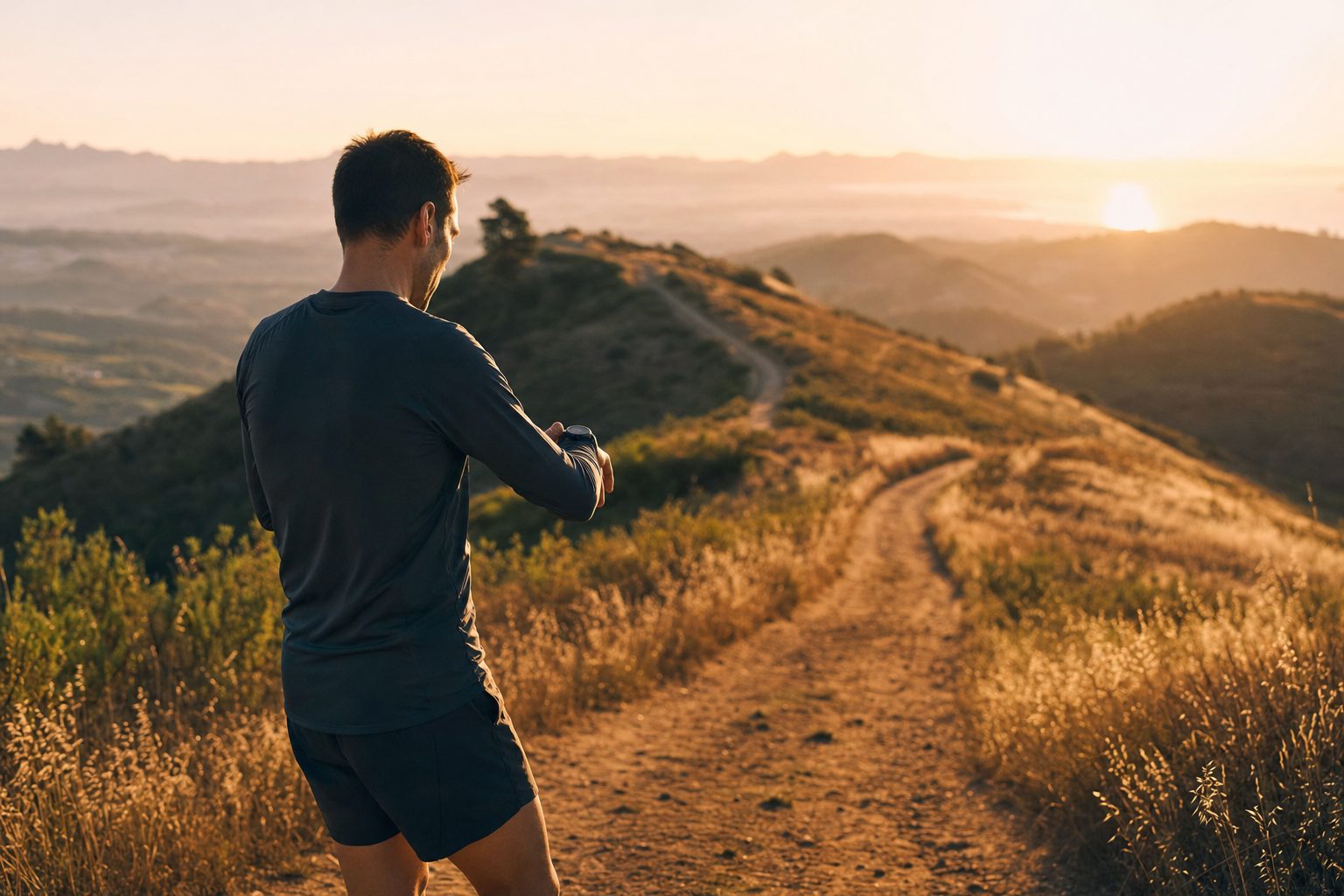 Un coureur évalue sa sortie longue sur un sentier vallonné avant de poursuivre son entraînement.