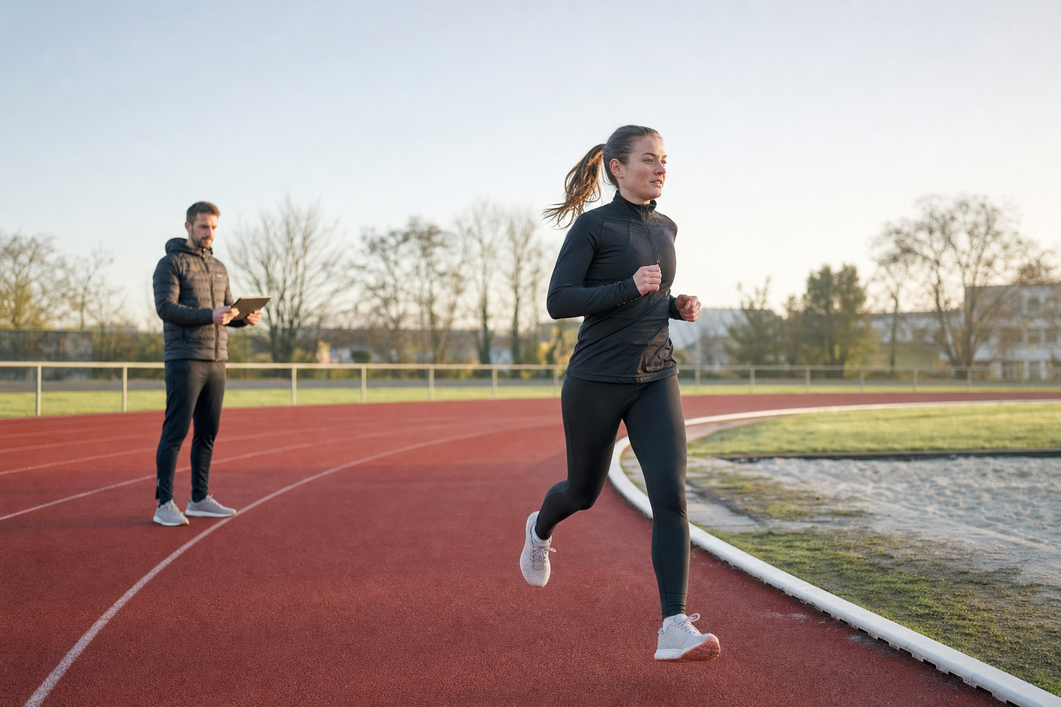 Une coureuse effectue un travail de cadence supervisé sur une piste, avec une foulée naturelle et sans signe visible de blessure.