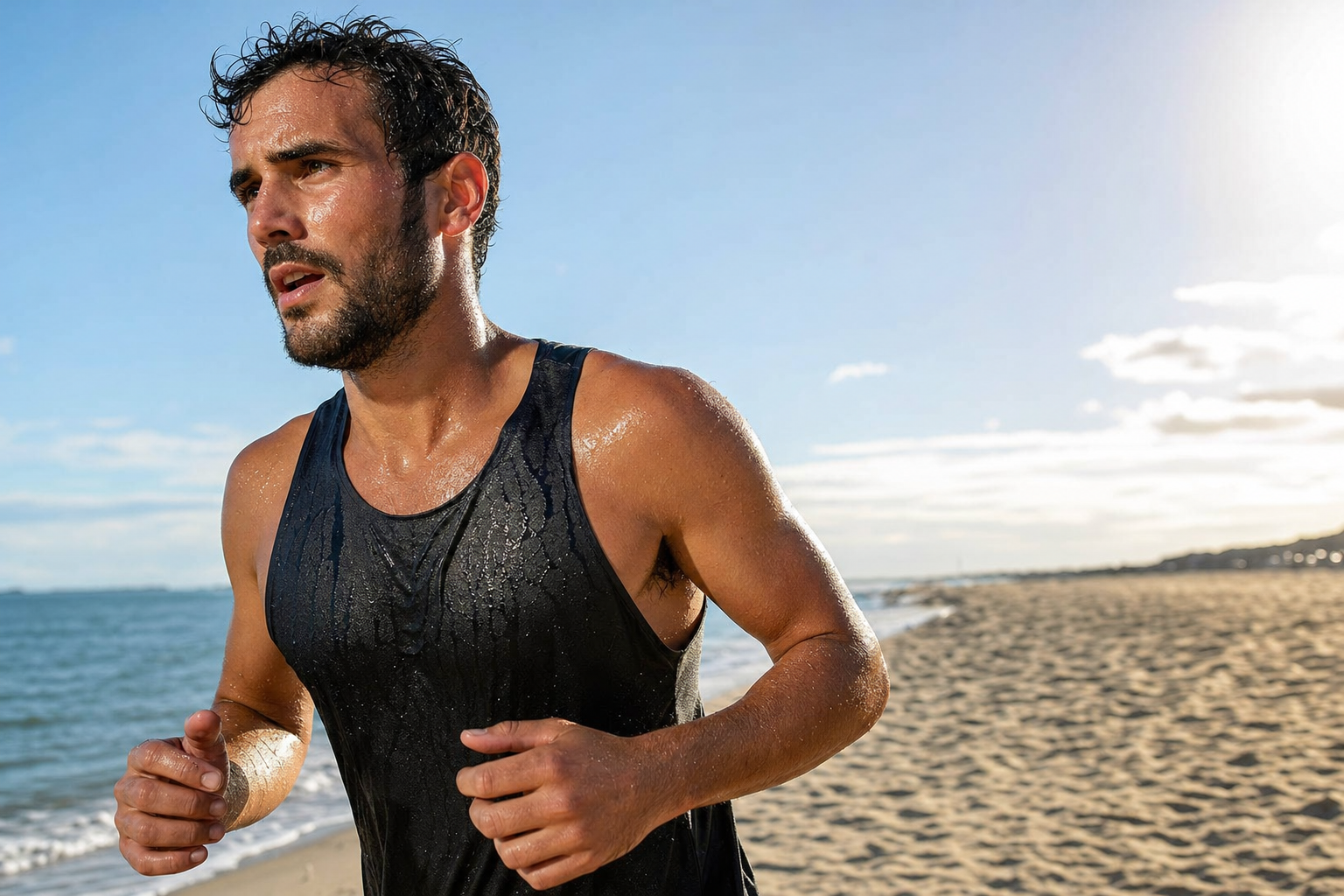 Coureur adaptant son allure sur un chemin exposé lors d’une chaude journée d’été