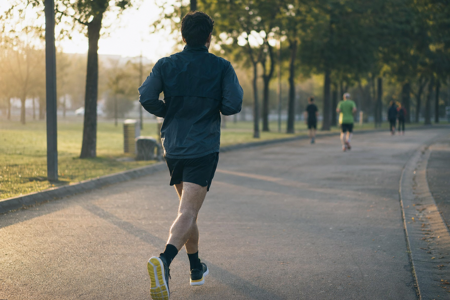 Coureur amateur pendant une sortie de préparation marathon dans un parc urbain, avec une posture de course naturelle.