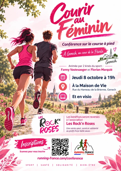 Affiche Courir au Féminin — conférence avec Fanny Vastesaeger et Florian Marquié, au profit des Rock’n Roses